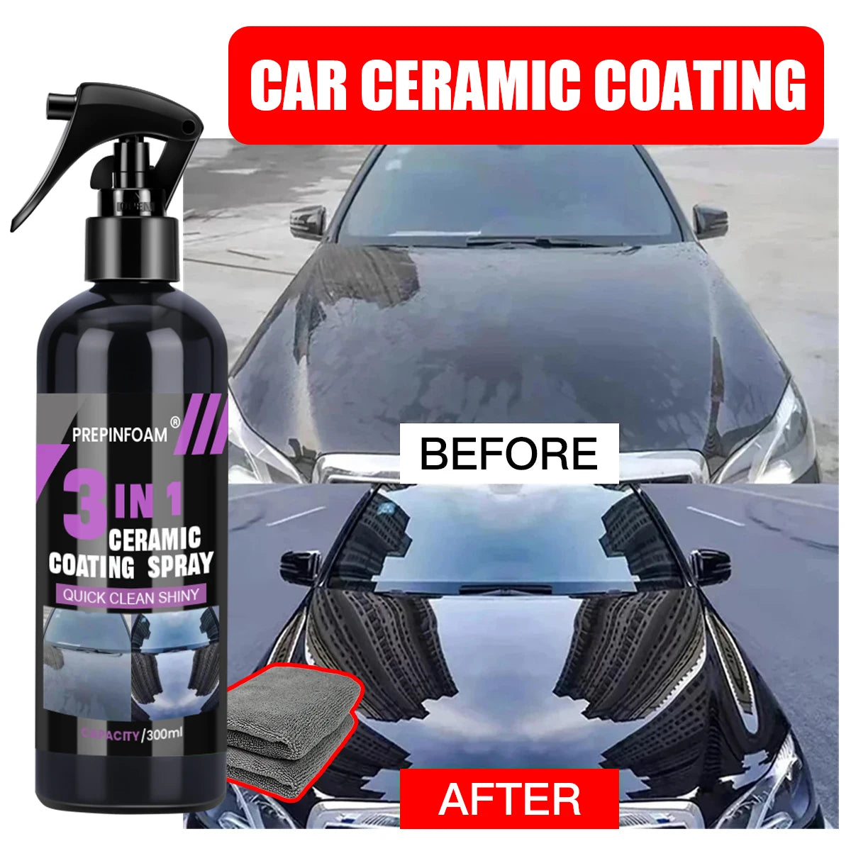 Bottle of ceramic coating spray showing before and after results on a car's surface