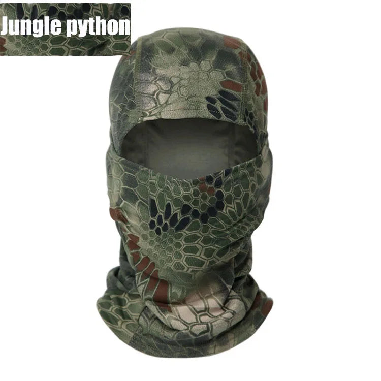 A camouflage balaclava mask featuring a jungle python pattern in green and brown tones.