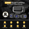 A close-up view of a 1080P quad camera dash cam device with multiple lenses and housing.