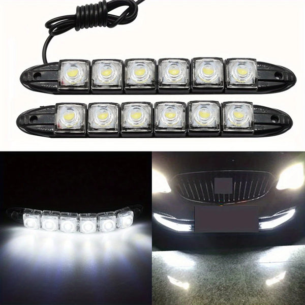 Ein Satz universeller LED-Tagfahrleuchten für ein Auto mit mehreren hellen Lichtelementen.