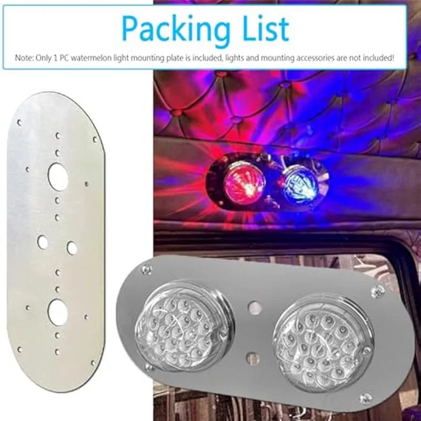 Lista de empaque mostrando una placa de montaje ligera y dos luces para camiones pesados instaladas en un vehículo.