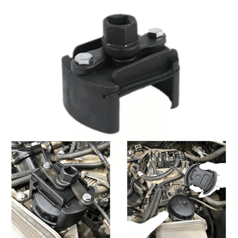 Black adjustable oil filter wrench with serrated jaws shown in various contexts.