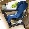A blue universal car seat protector with ISOFIX access is installed in a car's rear seat.
