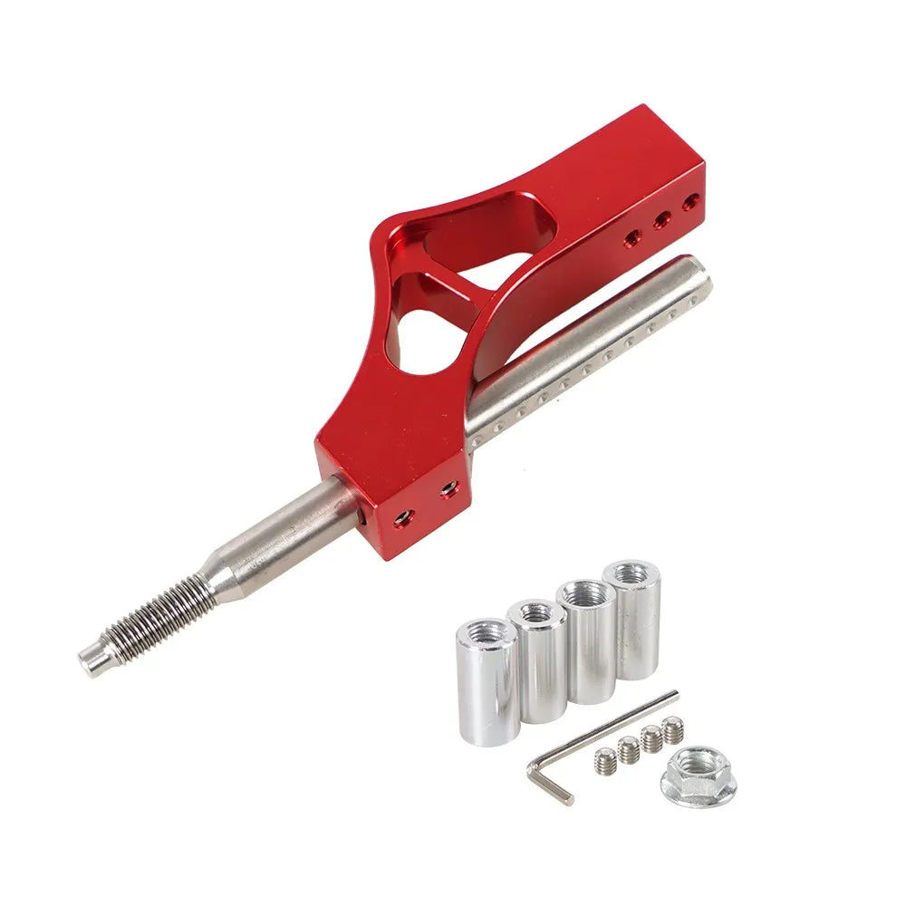 Red adjustable car gear shifter extension kit with a metal shaft and various components
