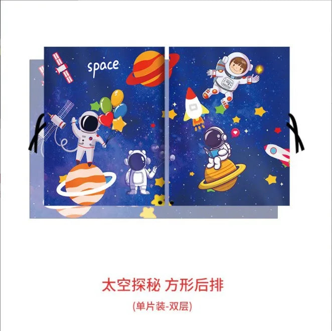A pair of magnetic double-layer car window shades designed for insect protection, featuring space and astronaut themes.