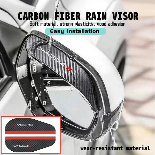 Carbon fiber rain visor installed on a car's rearview mirror, showing the material and installation process.