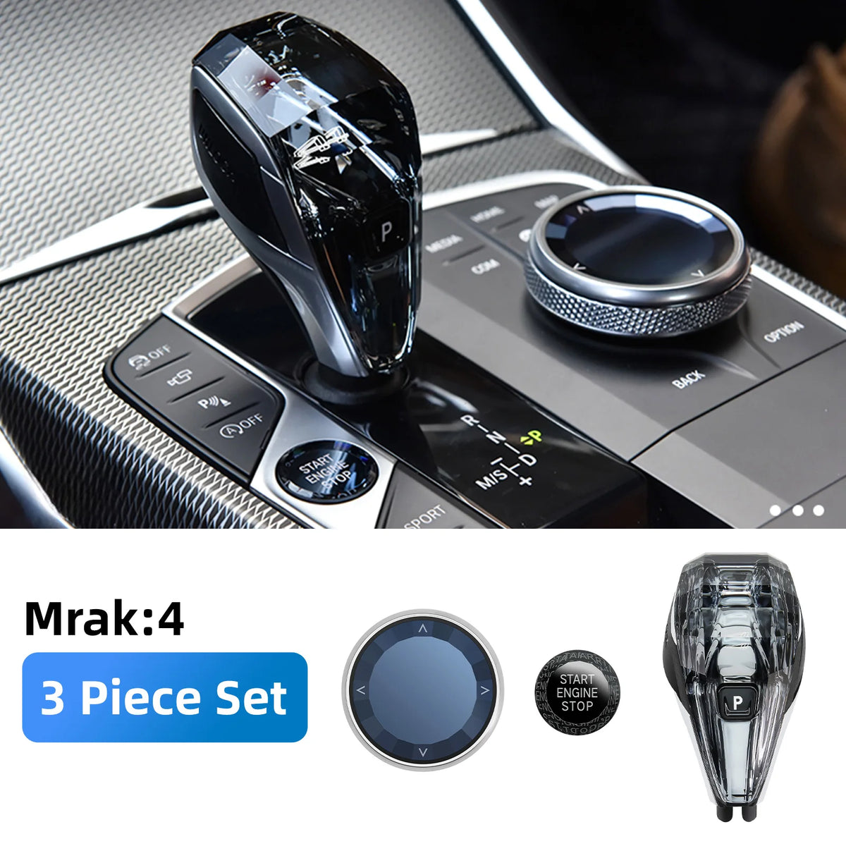 A set of three crystal gear shift knobs for BMW models shown next to a car interior control panel.