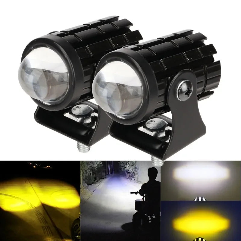 A pair of black LED driving lights mounted on a bracket, showing various light patterns.