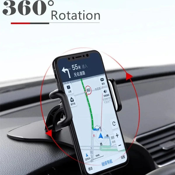 A smartphone is mounted on a car dashboard, displaying a map with navigation features, demonstrating 360 degree rotation capa