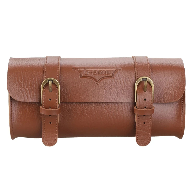 Brown premium PU leather motorcycle handlebar saddlebag with brass hardware