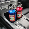 Two red and blue insulated stainless steel travel kettles sitting in a car console.