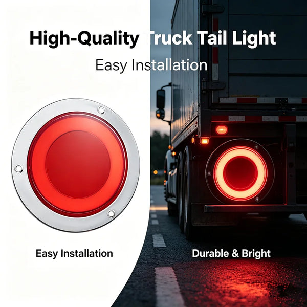 A close-up view of a red LED truck tail light with a 3D halo effect installed on the rear of a truck.