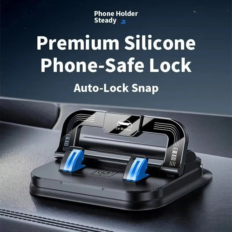 A black silicone phone-safe lock auto-lock snap mechanism mounted on a car bracket.