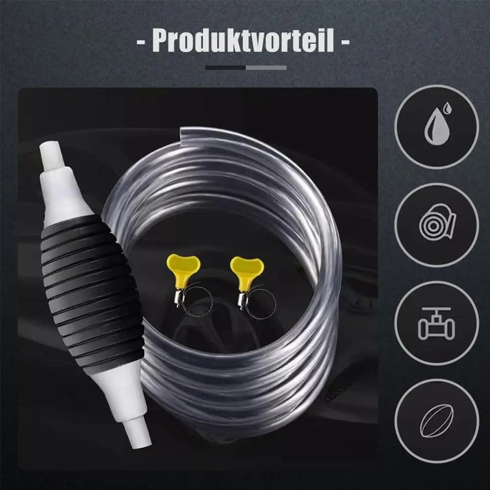 A roll of clear liquid transfer tubing with two yellow connectors and a white pump nozzle.