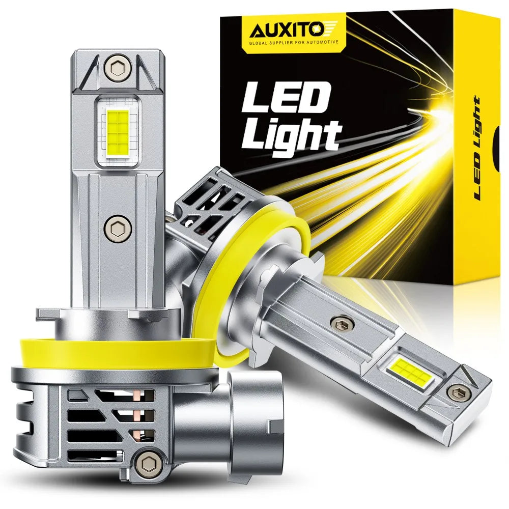 A silver LED light bulb assembly with a yellow lens and a yellow connector is shown next to its packaging box.