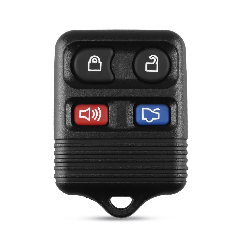 A black universal remote car key transmitter with four buttons, including lock, unlock, and sound functions.