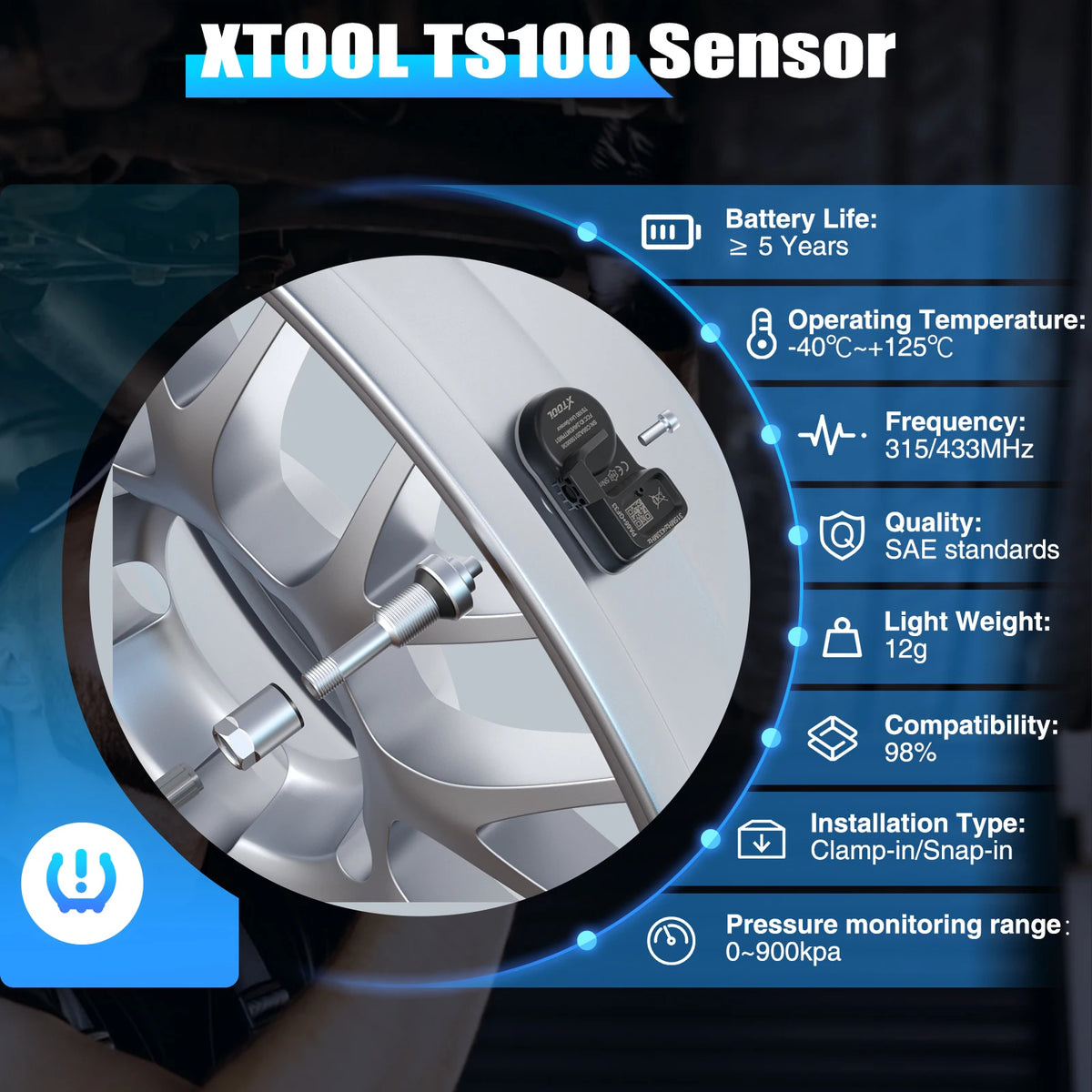 لقطة مقربة لمستشعر XTOOL TS100 لمراقبة ضغط الإطارات، يوضح تصميمه ومواصفاته.
