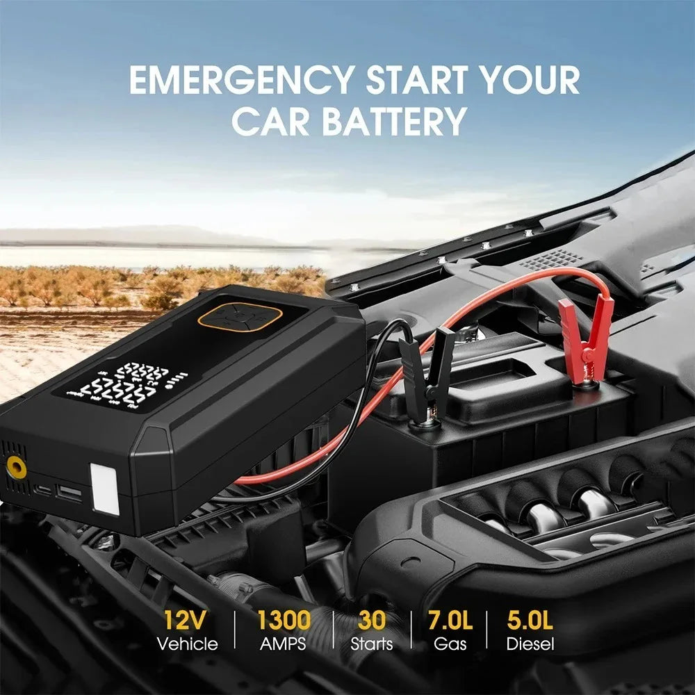 A black emergency jump starter kit is shown connected to a vehicle battery, with specifications like 12V and 1300 Amps visibl