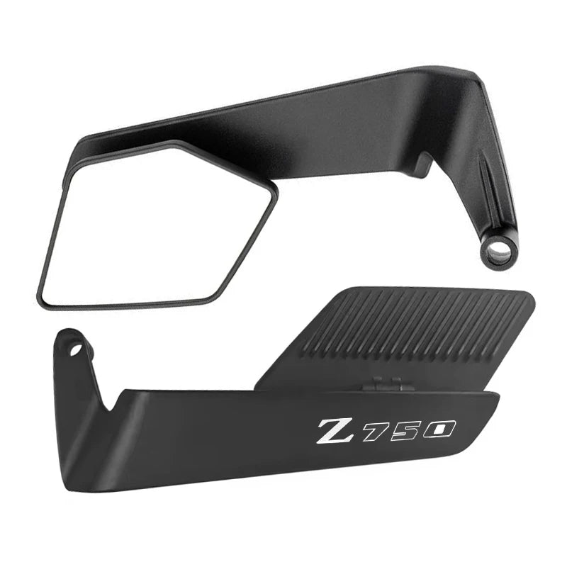 A black adjustable motorcycle side mirror assembly with a rectangular mounting bracket.