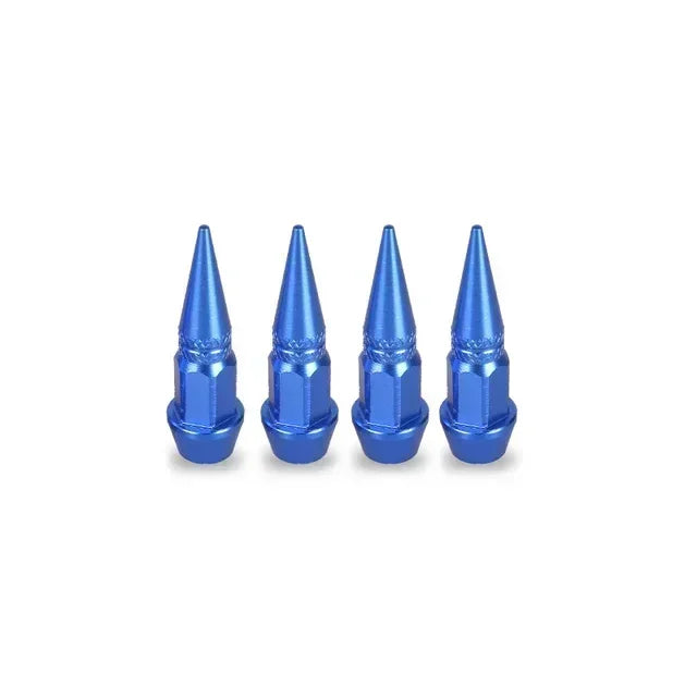A set of four blue aluminum tire valve stem caps.