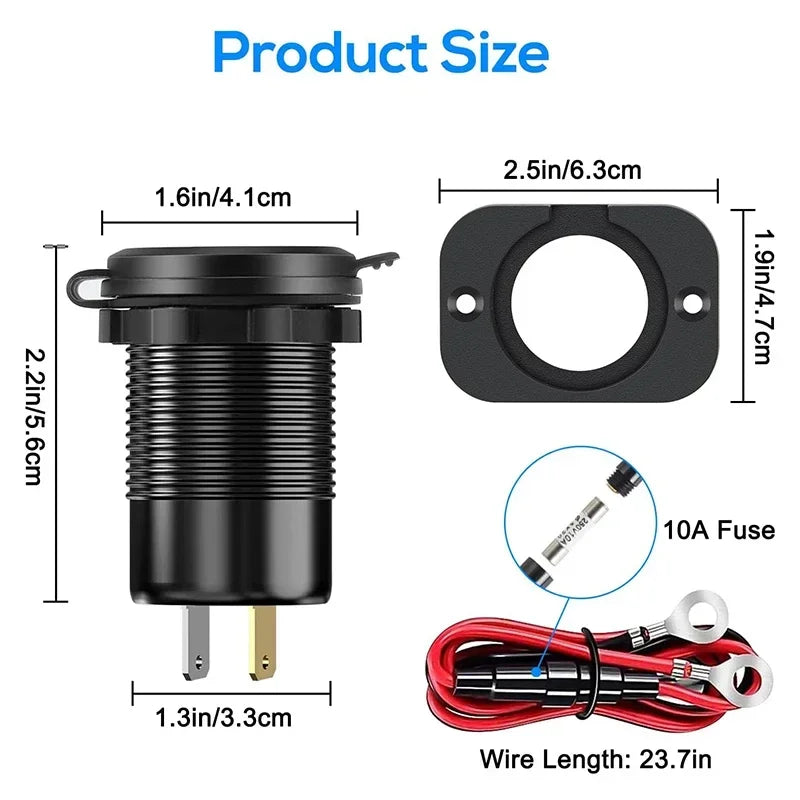 A black multi-port PD/QC car charger adapter with a wire length of 23.7 inches and various dimensions shown.