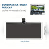 A black adjustable polarized car sunshade extender shown next to a car interior view.