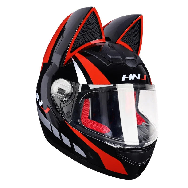 A black and red cat-ear full face motorcycle helmet with a clear visor.