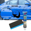 Tube de produit à rayures et traces, à côté d'une voiture bleue avec marquages 'AVANT' et 'APRÈS'.