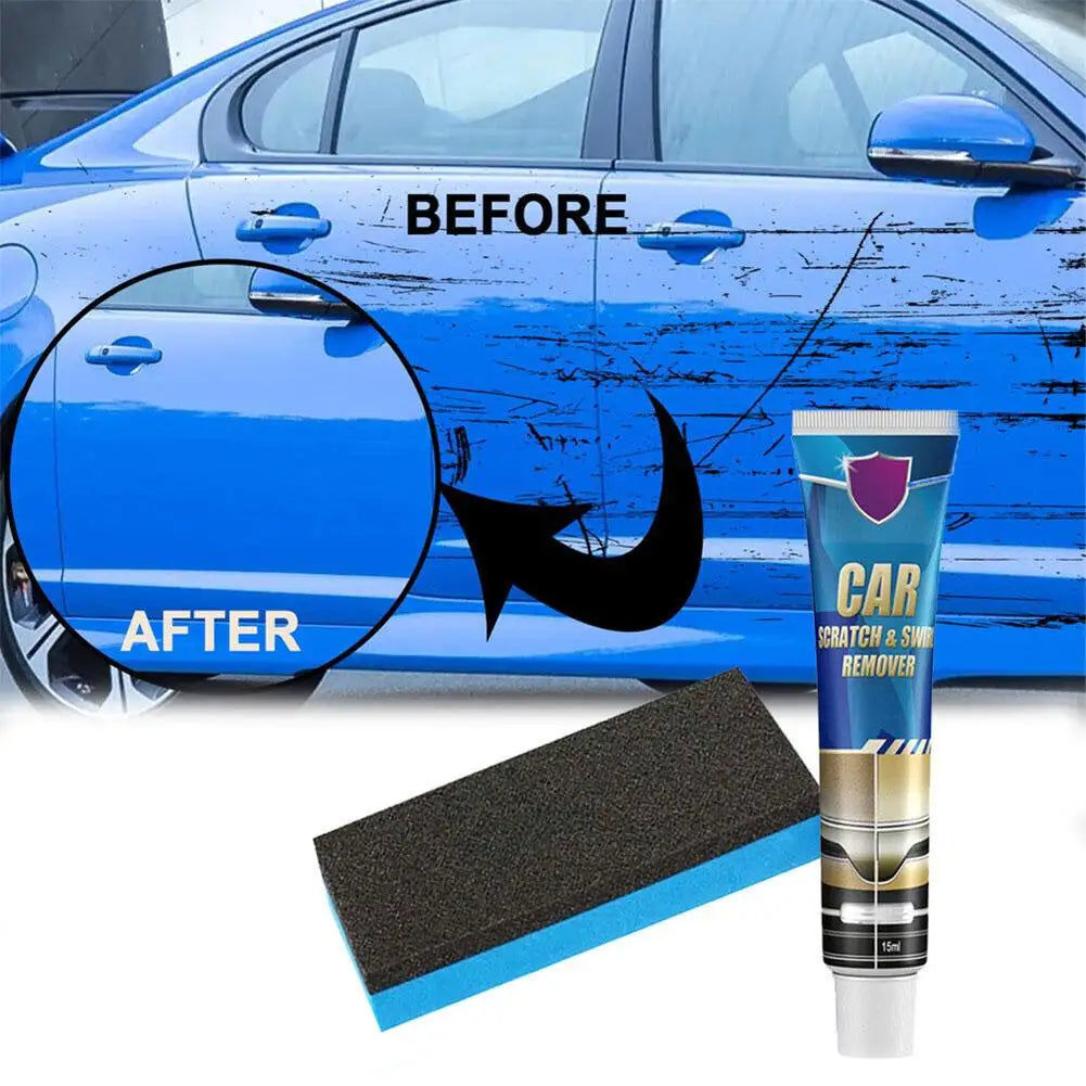 Tube de produit à rayures et traces, à côté d'une voiture bleue avec marquages 'AVANT' et 'APRÈS'.