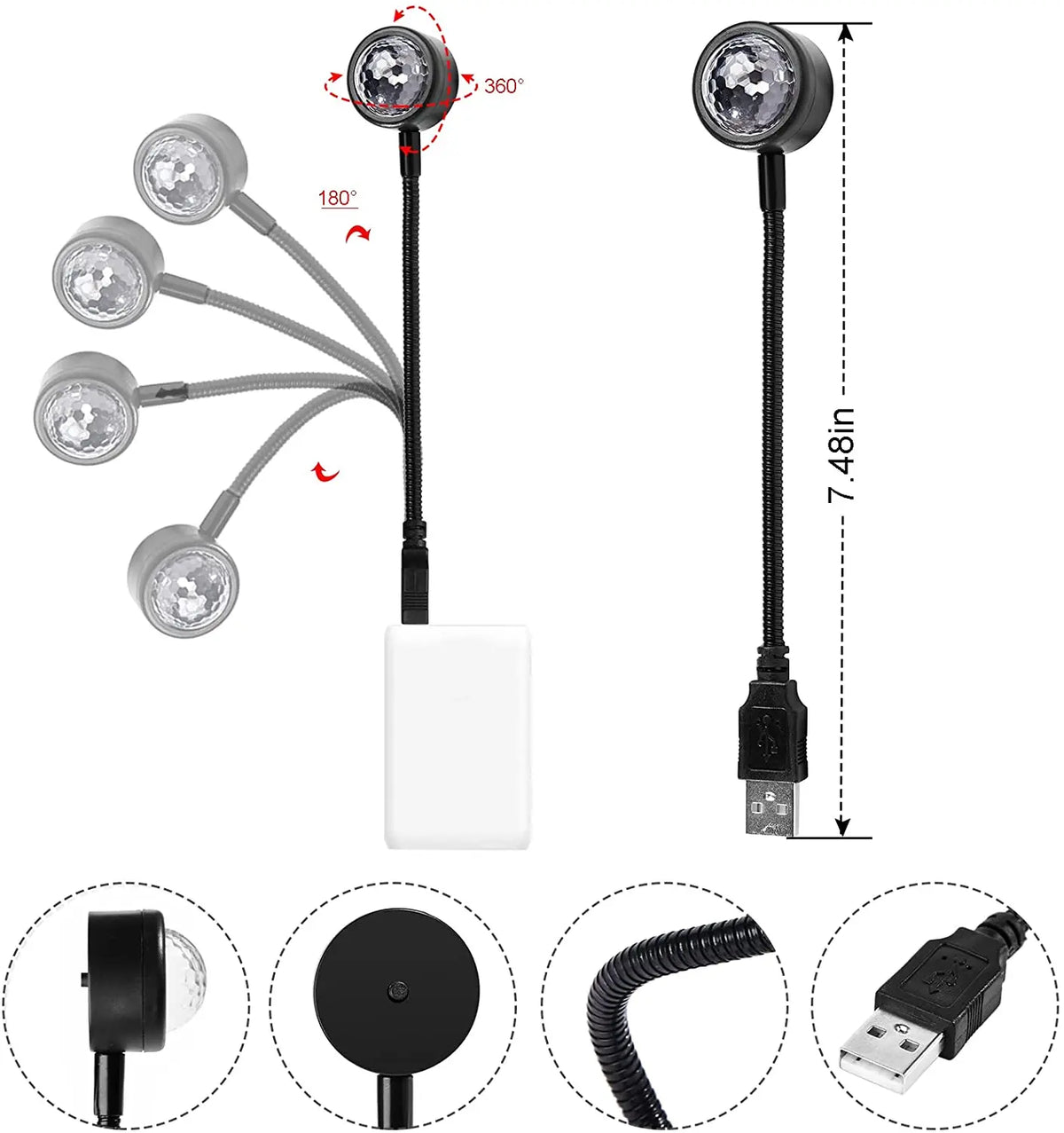 A multi-mode USB projection party light with a 360 degree adjustable head and a white base.