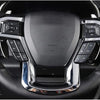 Close-up view of an ABS steering wheel cover trim for a vehicle, showing controls and chrome accents.
