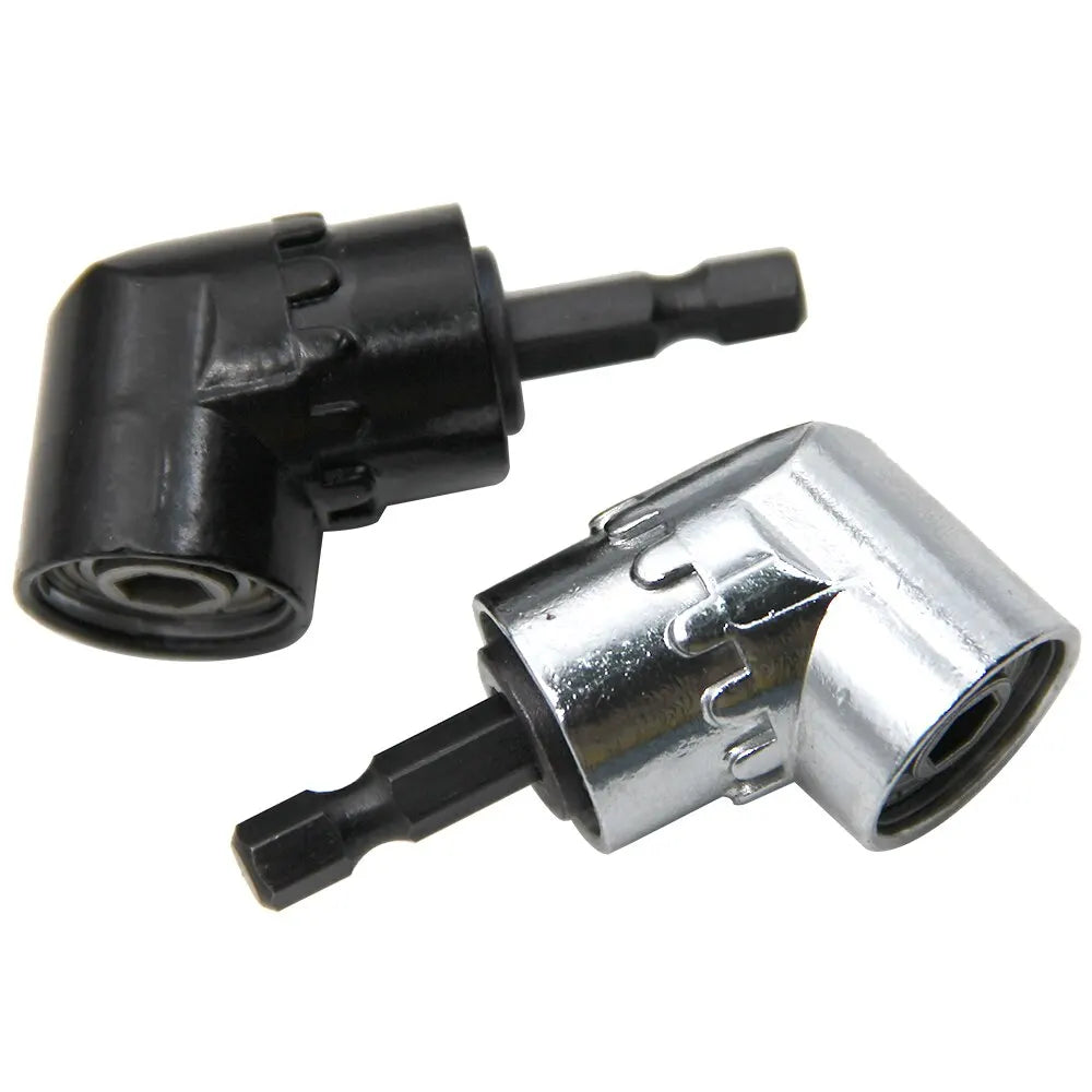 Black and silver drill attachment with a magnetic bit holder for an angle drill.