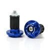 Manillar de metal CNC azul y negro con contrapeso, con un perno plateado visible.