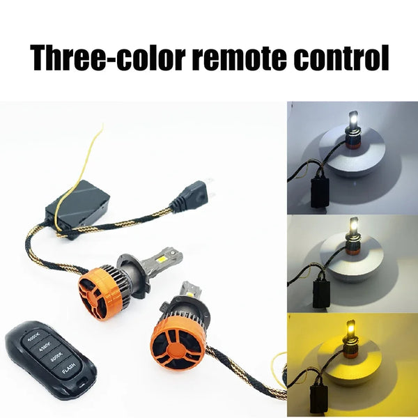 Three-color remote control device showing a handheld remote and multiple LED lights