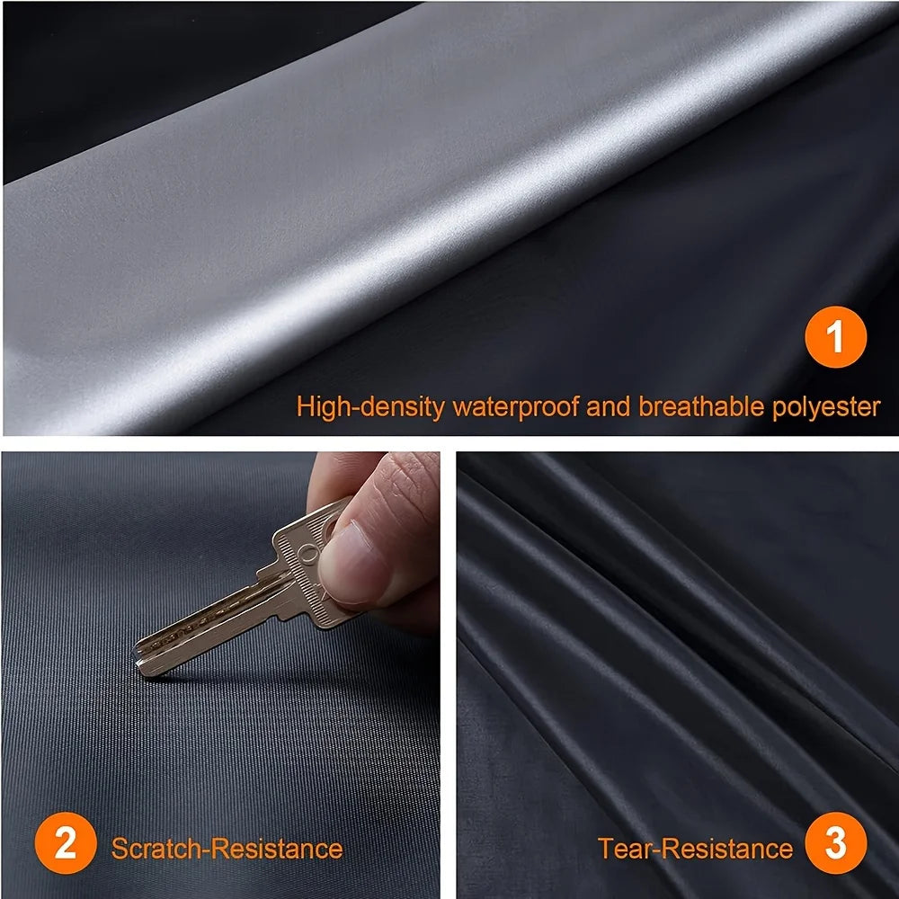 Close-up view of a black car cover showing high-density waterproof and breathable polyester material, scratch resistance, and