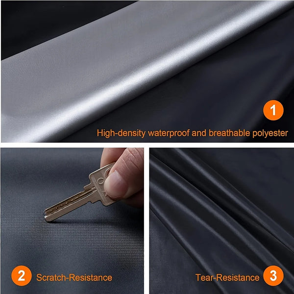 Close-up view of a black car cover showing high-density waterproof and breathable polyester material, scratch resistance, and