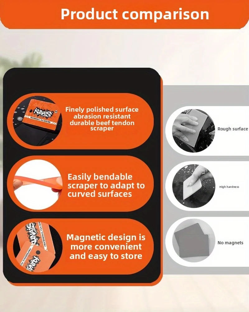 Comparison chart showing features of a professional car wrapping scraper tool including durability, bendability, and magnetic