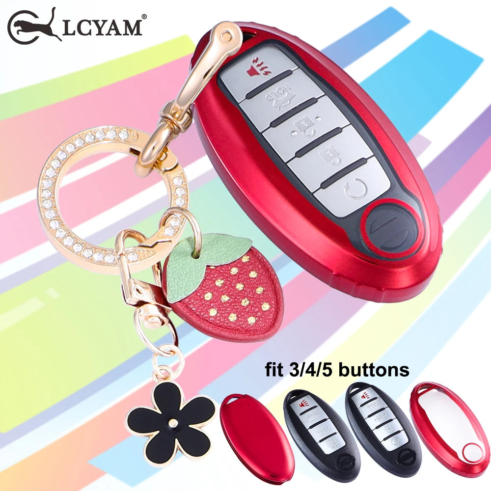 A red universal car key fob cover with a gold chain and silicone buttons shown alongside spare buttons.
