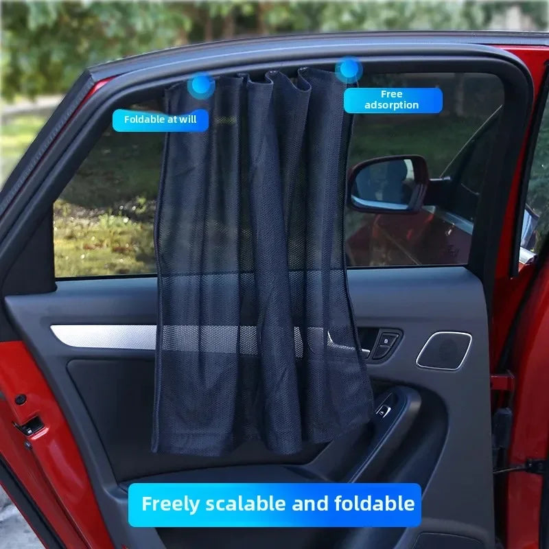 A black magnetic car window sunshade is shown installed in a red car door, highlighting its foldable and free adsorption feat