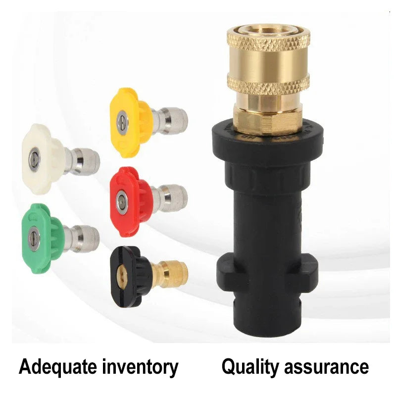 A set of multi-color car washing nozzle accessories including brass and plastic tips.