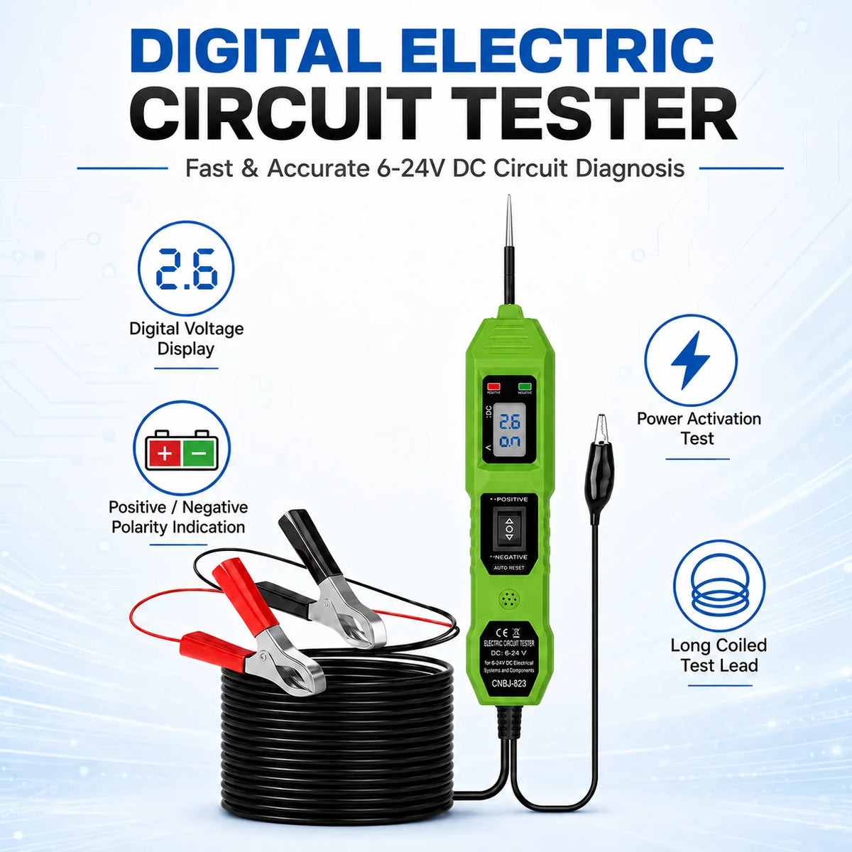 A green digital electric circuit tester device with a test lead and a coil of wires is shown.