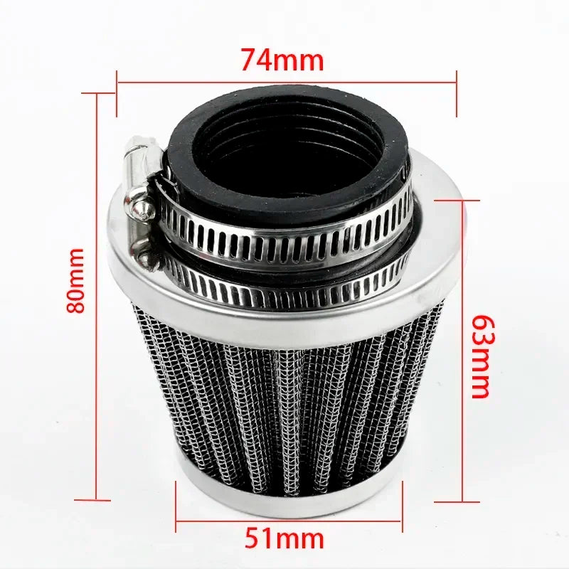 Filtre à air universel pour moto argent et noir avec dimensions indiquées.