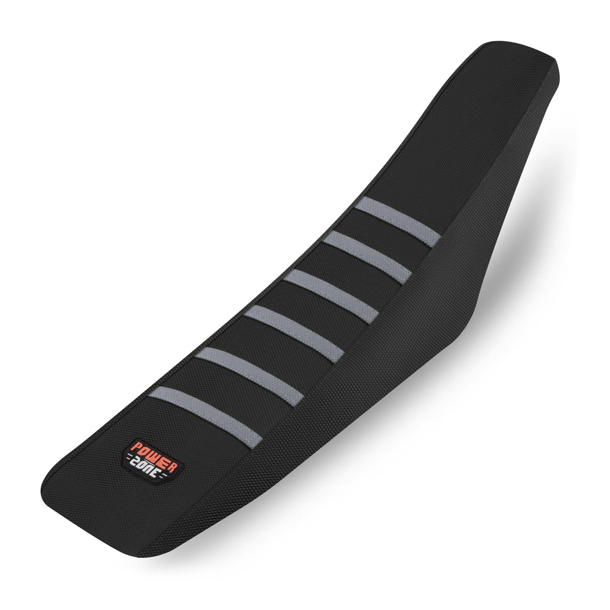Black ribbed motorcycle seat cover with gray stripes.