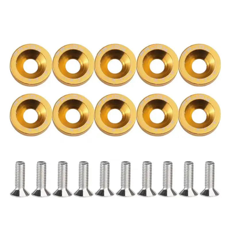 A set of ten brass or gold-colored washers and fasteners for automotive use.