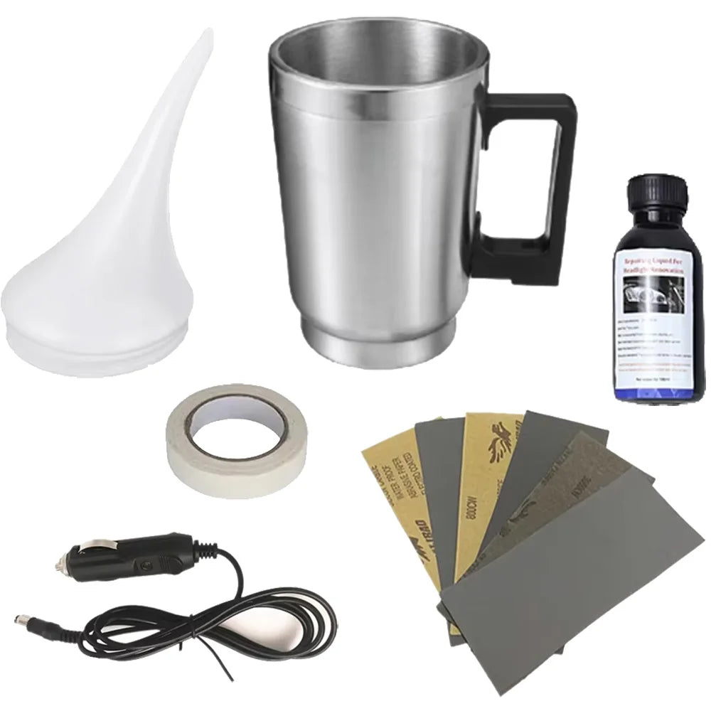 Kit zur Restaurierung eines Auto-Scheinwerfers: Glühbirne, Metallbecher, Linse und elektrischer Stecker.