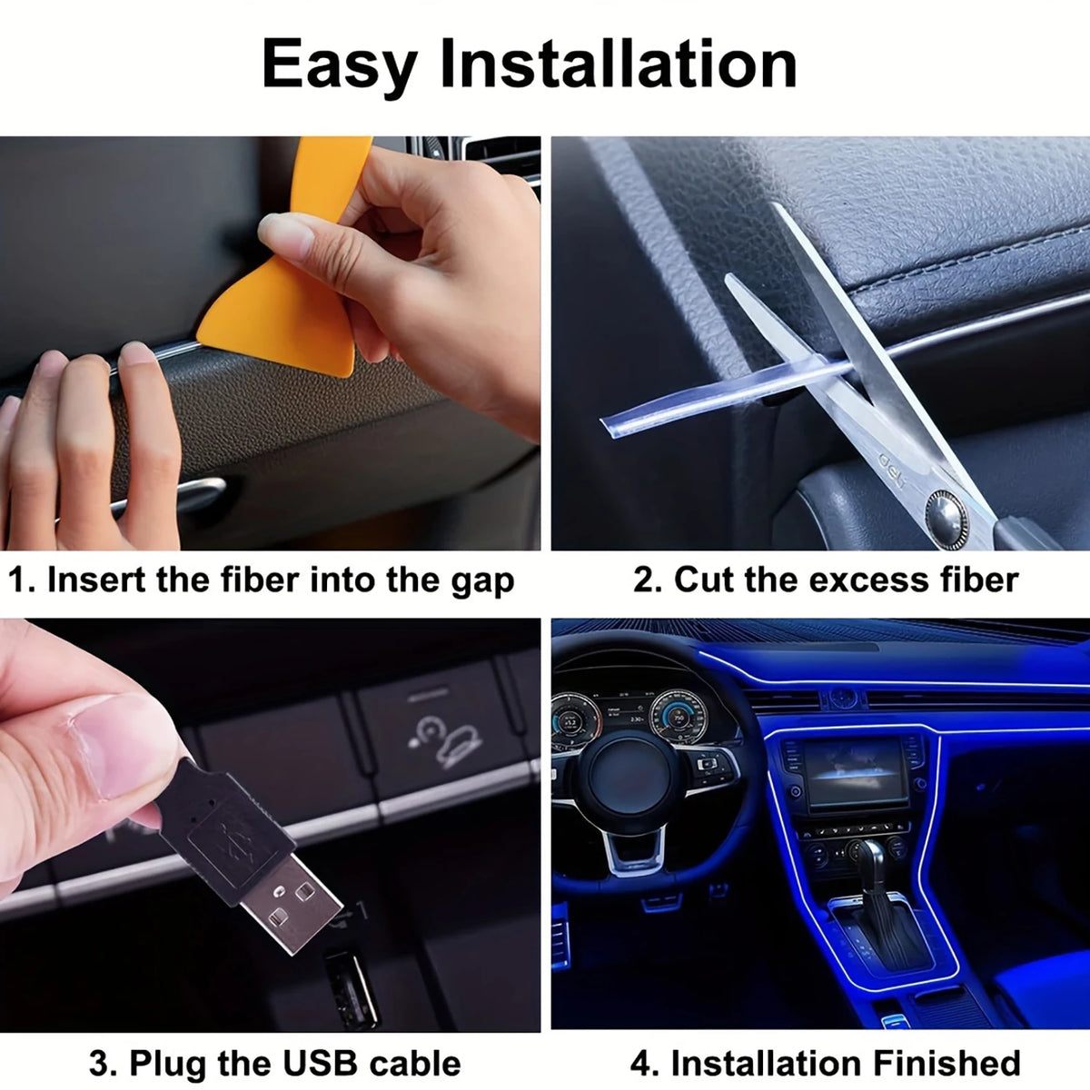 Step-by-step guide showing how to install a flexible USB EL wire ambient light strip in a car interior.
