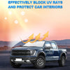 A dark blue Ford F-150 pickup truck is shown with an UV protection windshield sunshade being applied to the interior.