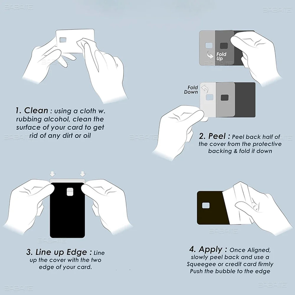 Instructions for applying a card sticker film showing steps like cleaning, peeling, lining up the edge, and applying.