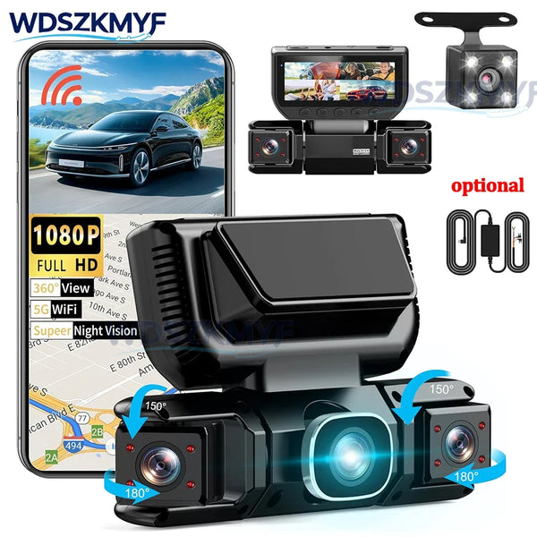A black 4-in-1 HD WiFi car dash cam with parking monitor is shown with various camera angles and accessories.