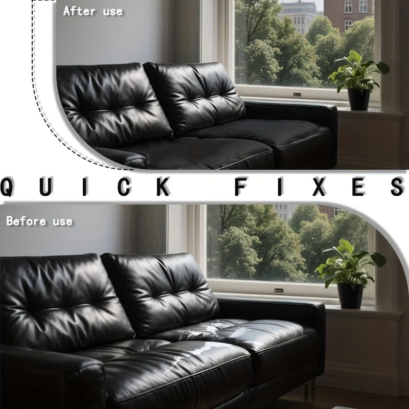 A black leather sofa before and after use showing a self-adhesive repair patch.